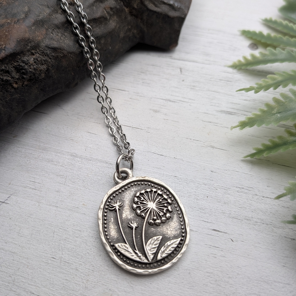 Silver Dandelion Pendant Necklace - Floral Medallion